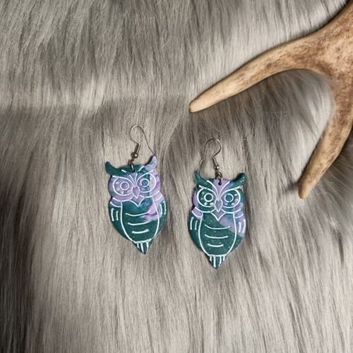 Pöllö-korvakorut, vihreä/violetti