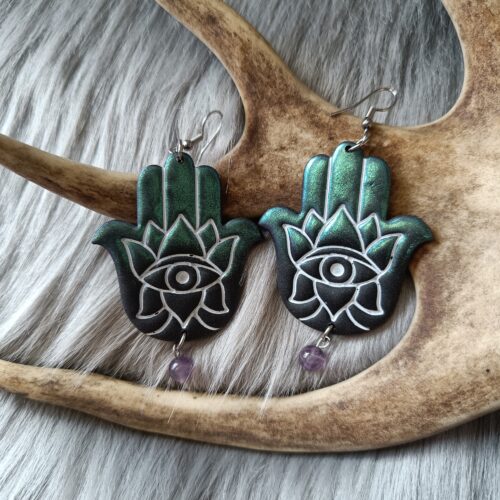 Hamsa-korvakorut, sininen/musta metallinhohto