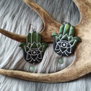 Hamsa-korvakorut, vihreä/musta metallinhohto